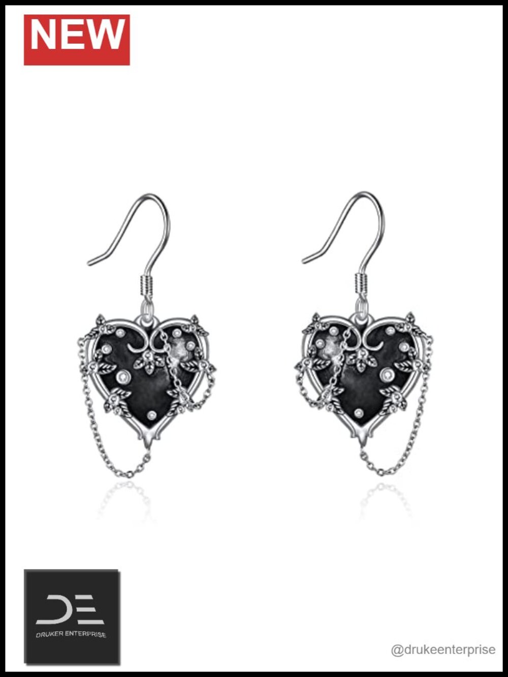 Sterling Silver Black Heart Earrings Drop Dangle Gothic Witchy Jewelry